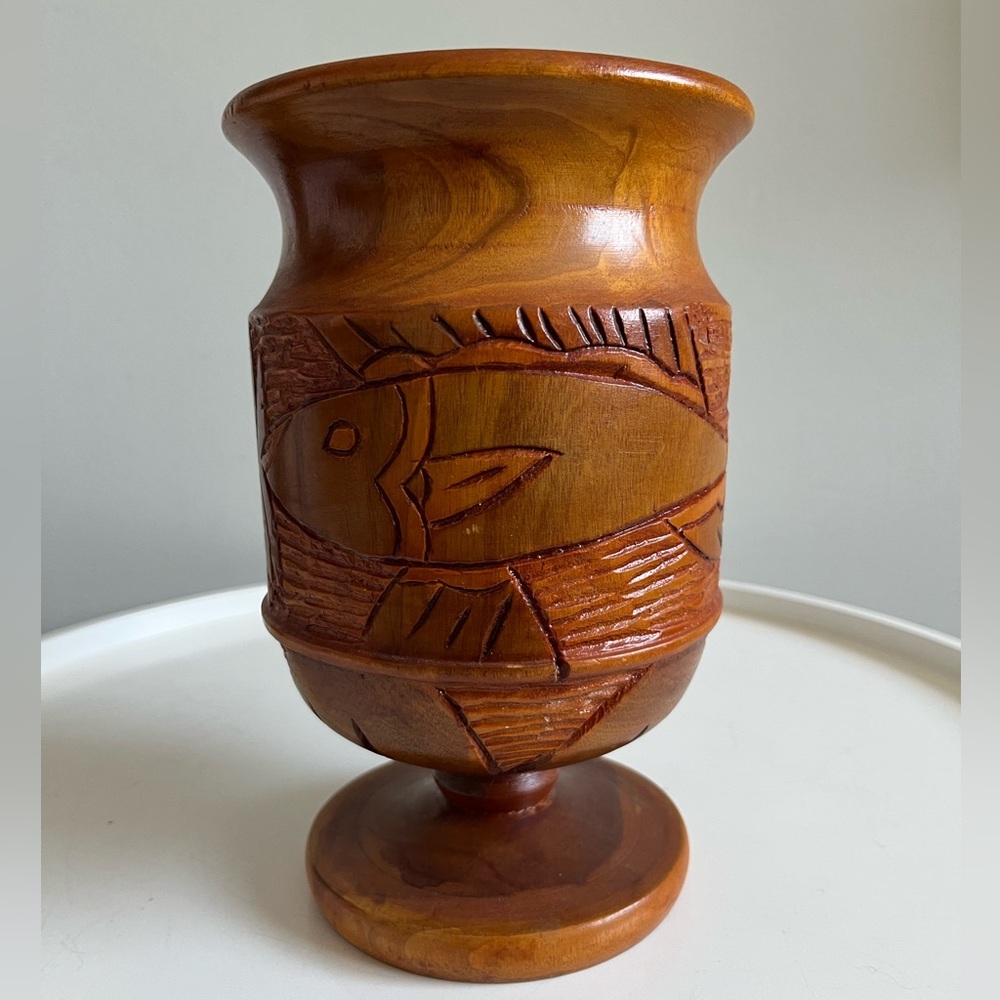 Vintage Handcrafted Wooden Carved Pedestal Vase with Fish Design
